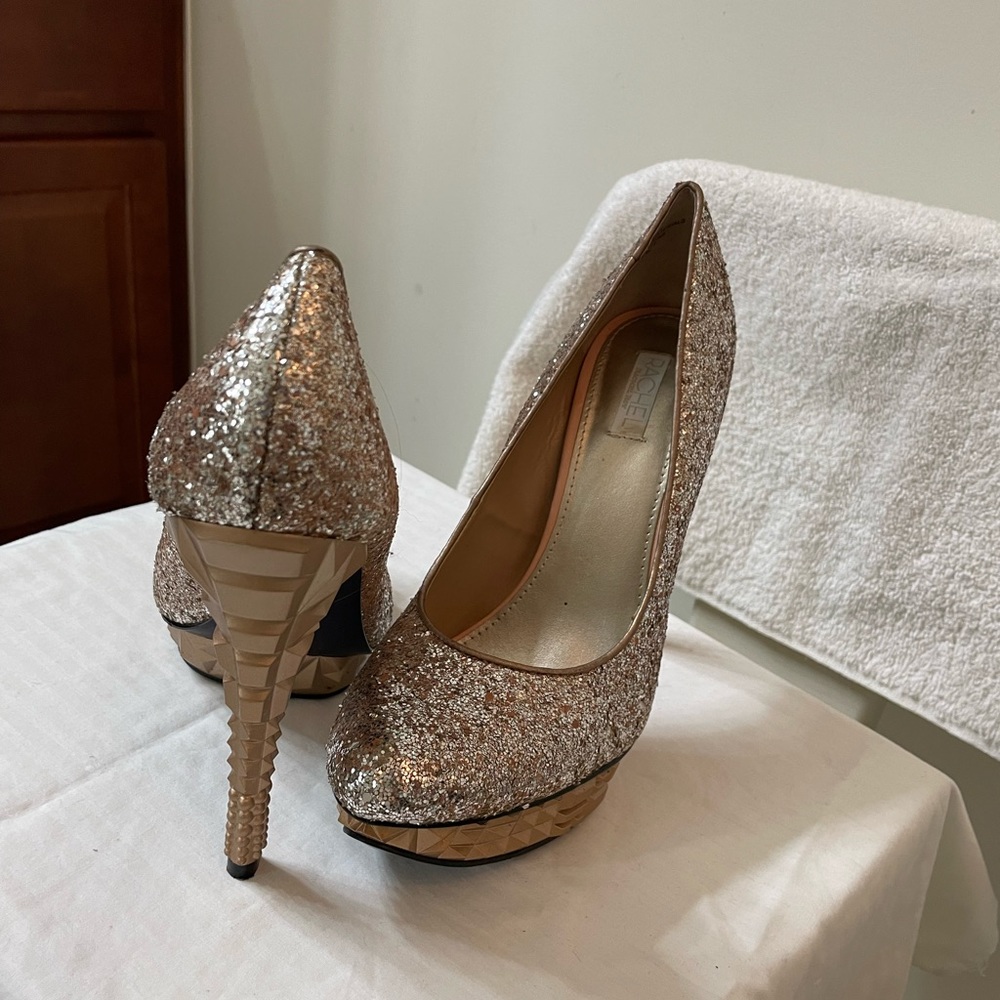 Rachael Roy heels looks about 4 1/2 inch gold/silver glitter